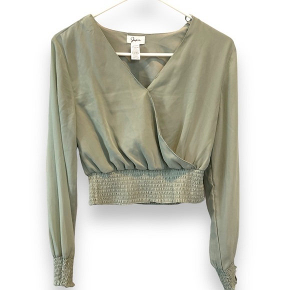 Japna | Sage Green Long Sleeve faux wrap smocked top blouse cropped size small - Picture 1 of 6